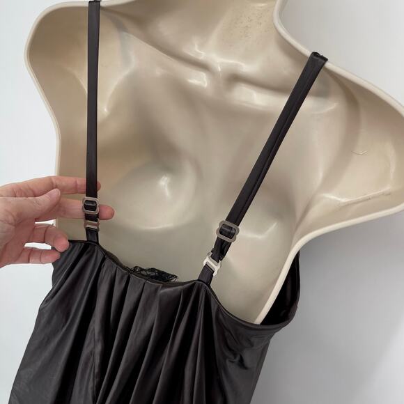 Poleci Women's Draped Matte Satin Mini Slip Dress Sz M Dark Brown Straps Slinky - Picture 6 of 10